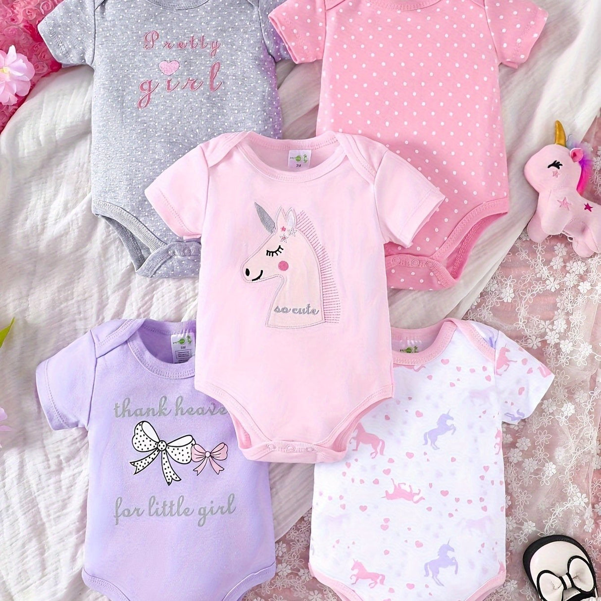 [5pcs Unicorn Romper] 5pcs Adorable Cotton Baby Girl Romper Set - Short Sleeve, Machine Washable, Perfect for All Seasons, Outdoor