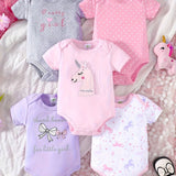 [5pcs Unicorn Romper] 5pcs Adorable Cotton Baby Girl Romper Set - Short Sleeve, Machine Washable, Perfect for All Seasons, Outdoor