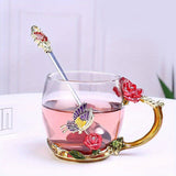 Elegant Ramadan Rose Enamel Glass Tea Cup with Spoon - BPA-Free, Crystal-Embellished Mug for Hot Drinks, Ideal Gift