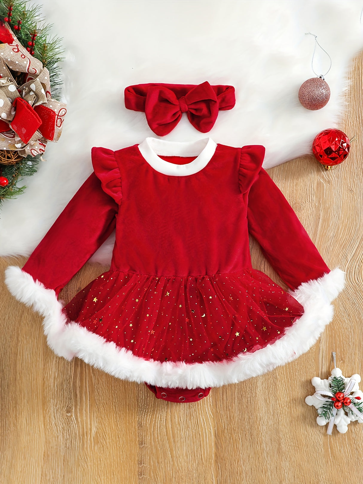 2PCS Adorable Infant Baby Girl Christmas Outfit - Faux Fur Patchwork Long Sleeve Round Neck Romper Dress Jumpsuit Skirt with Bow Headband - Soft, Cozy, and Festive Holiday Clothing Set for Little Princess