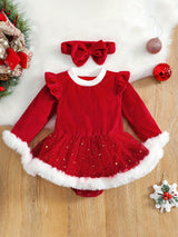 2PCS Adorable Infant Baby Girl Christmas Outfit - Faux Fur Patchwork Long Sleeve Round Neck Romper Dress Jumpsuit Skirt with Bow Headband - Soft, Cozy, and Festive Holiday Clothing Set for Little Princess