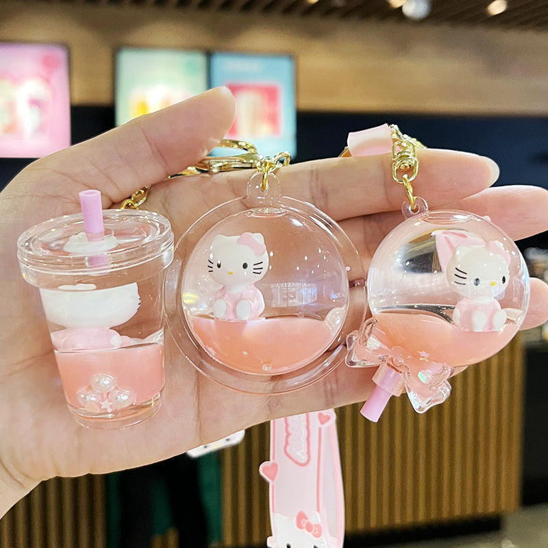 Cute KT Cat Quicksand Keychain Female Creative Cartoon Doll Student School Bag Pendant Car Key Chain Trinkets