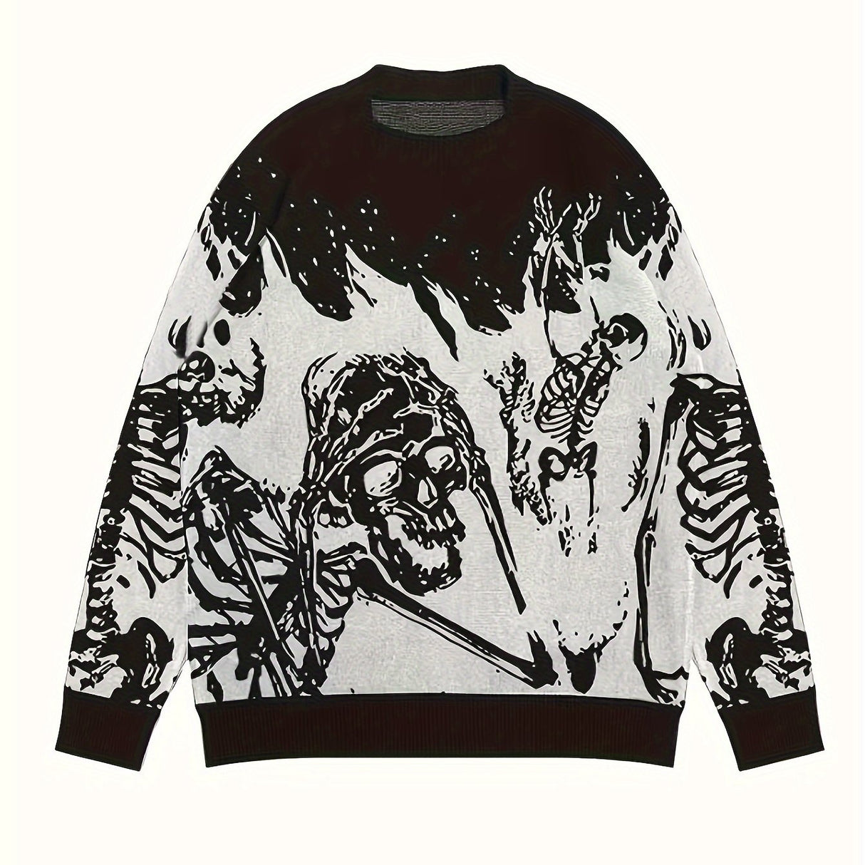 Vintage Skull Print Crew Neck Knit Sweater for Men - Viscose Blend Loose Fit Long Sleeve Pullover - Fall/Winter Casual & Party Knitwear with Medium Stretch - Adult Men's Halloween Top