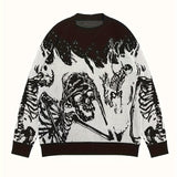 Vintage Skull Print Crew Neck Knit Sweater for Men - Viscose Blend Loose Fit Long Sleeve Pullover - Fall/Winter Casual & Party Knitwear with Medium Stretch - Adult Men's Halloween Top
