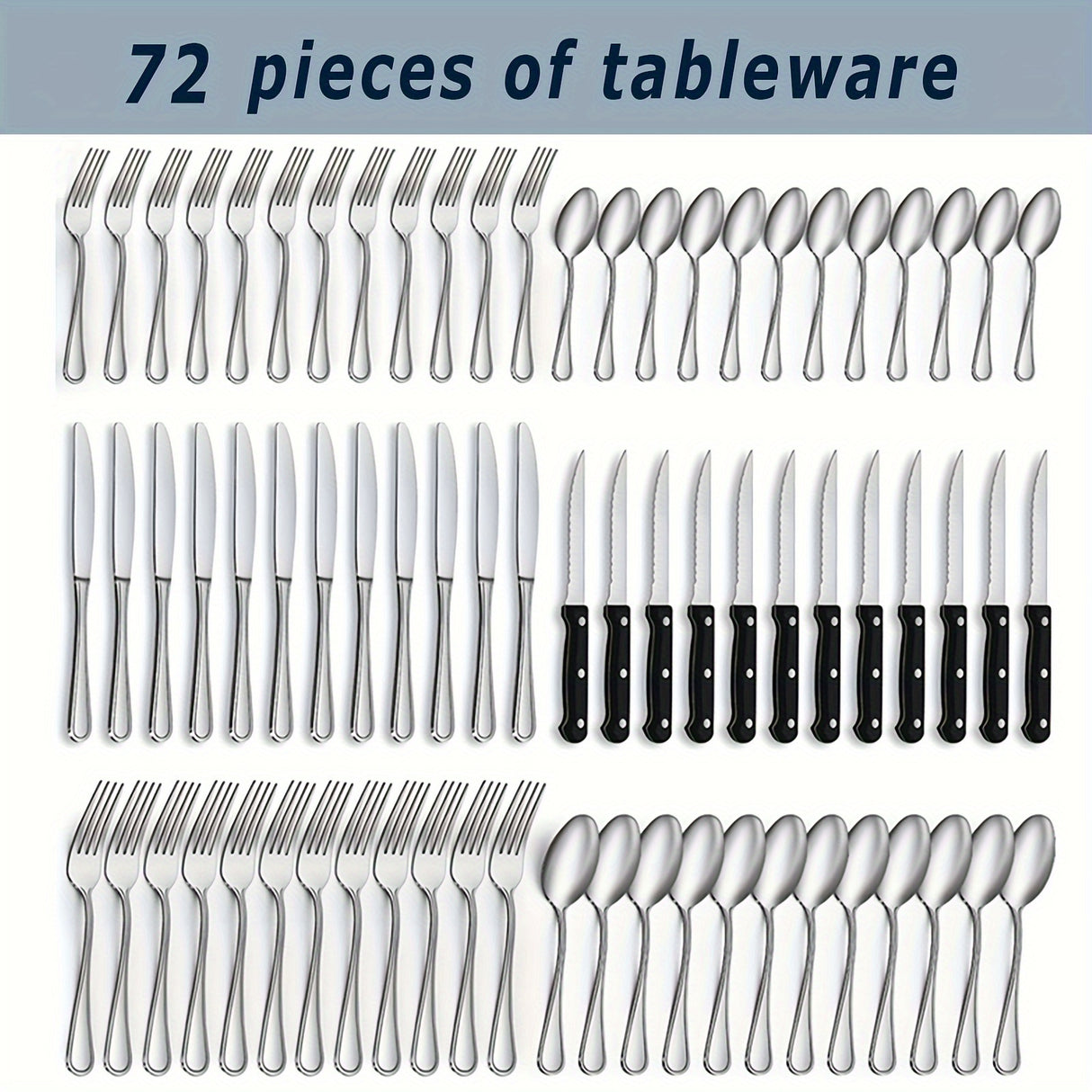 48/72pcs Silverware Set, Including Steak Knife, Premium Stainless Steel Cutlery Set, Knife, Spoon, And Fork Set, Dishwasher Washable, Stylish Design
