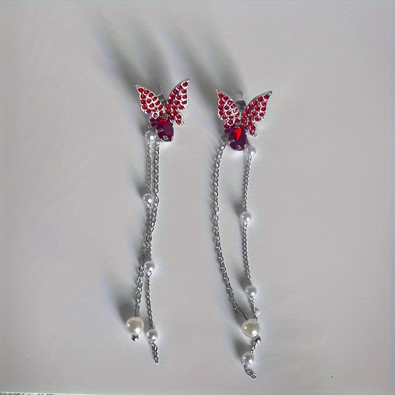 Chic Purple Butterfly Pearl Tassel Earrings - Whimsical Animal Pattern, Japanese & Korean Style, Versatile for All Occasions