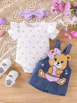 Baby Girl Outfit Summer Cute Strap Dress Set Headknot + Love Printed Climbing Clothes + Cowboy Bear Embroidered Strap Dress Three Piece Set With 0-18 Months, for Outdoor