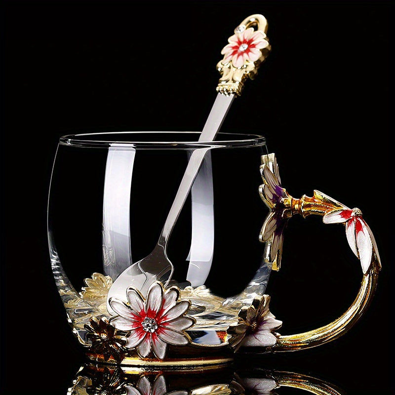 Elegant Ramadan Rose Enamel Glass Tea Cup with Spoon - BPA-Free, Crystal-Embellished Mug for Hot Drinks, Ideal Gift