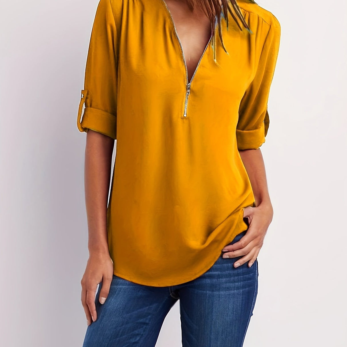 Solid V Neck Blouse, Casual Ruched Rollable Sleeve Half Zip Blouse, Women's Clothing