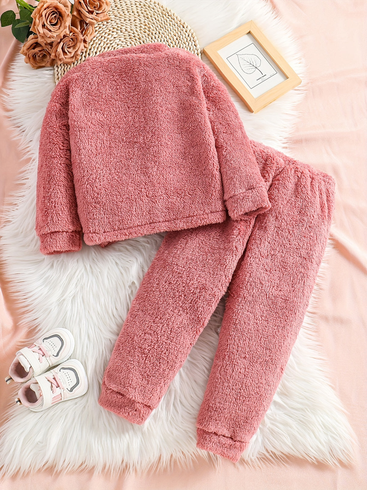 2pc Double-sided Fleece Sets, Solid Top & Jogger Pants Kids Clothes For Toddler Girls Fall Winter Outdoor