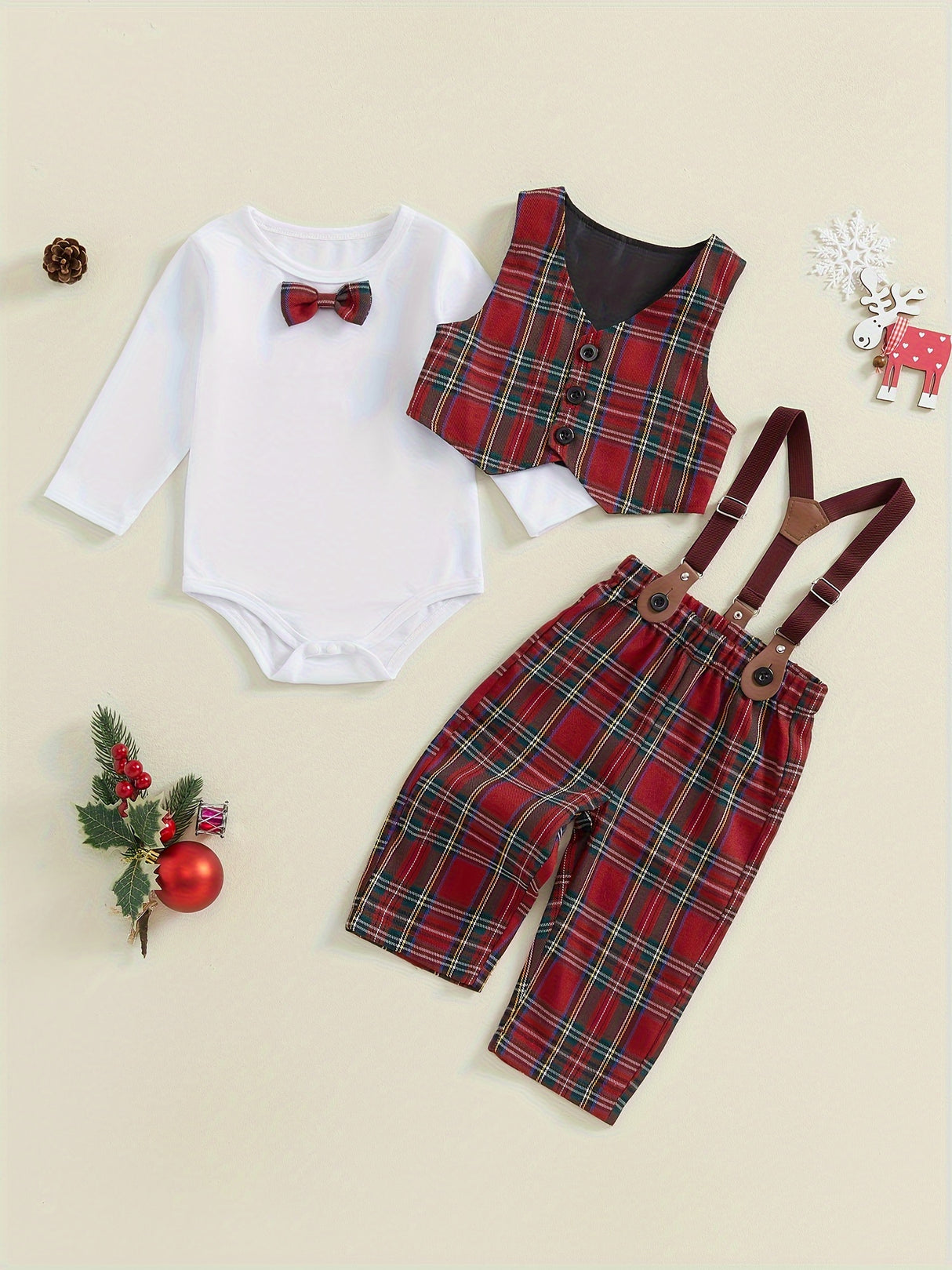 Baby Boy Christmas Outfit, Long Sleeve Romper with Plaid Overall Pants and Vest Infant Outfit