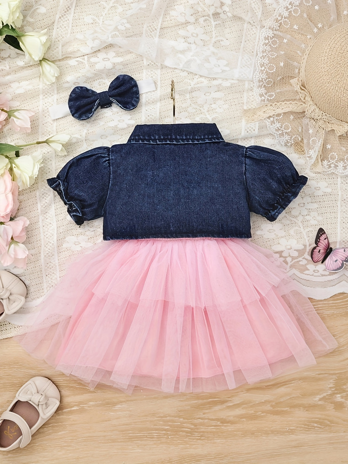 Baby Girl Outfit Denim Head Knot+Denim Short -Sleeved Jacket+Sling Mesh Skirt with 3 - 24 Months, Perfect for Outdoor
