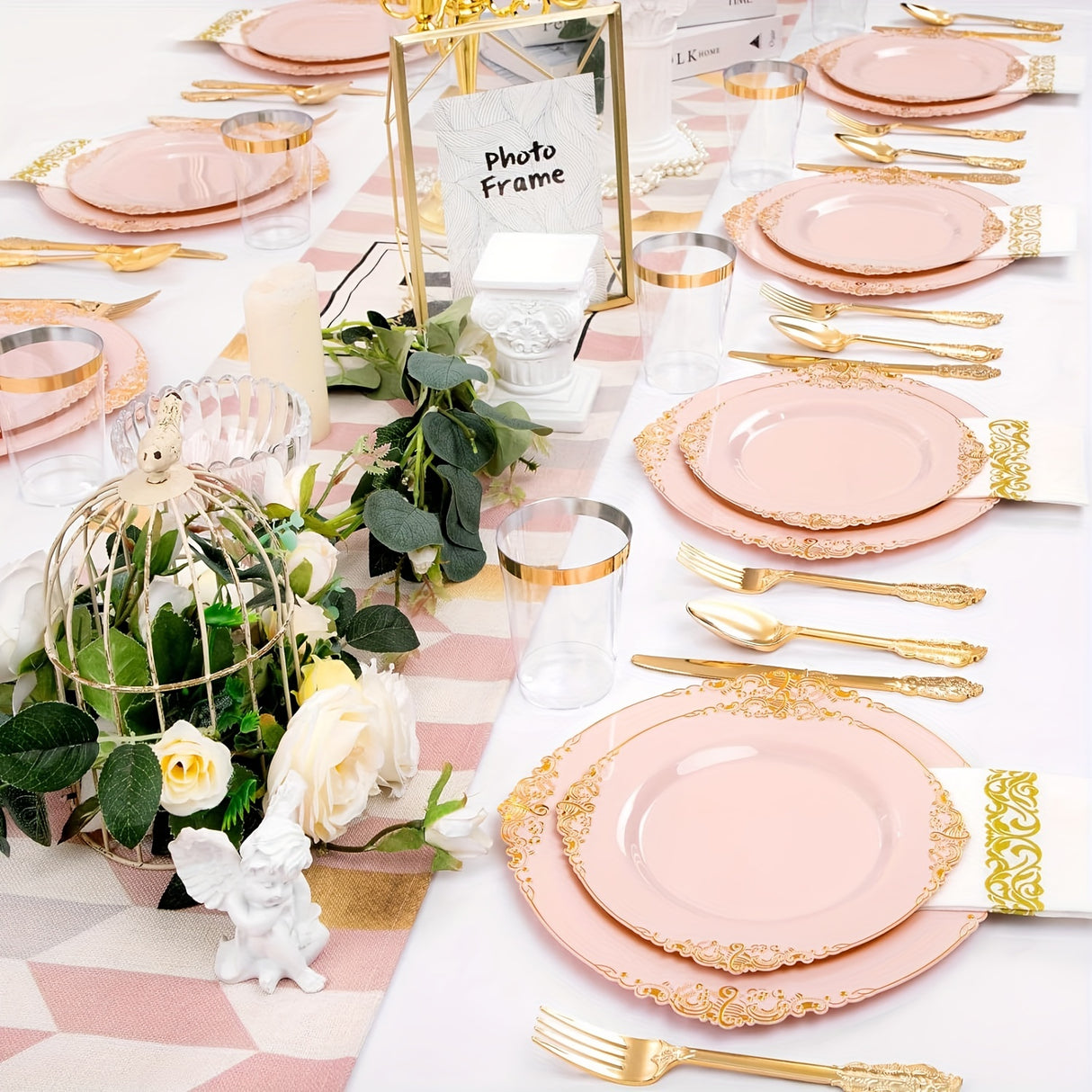 350PCS Pink and Golden Plastic Plates - Pink Plastic Dinnerware Sets for 50 Guests - 100 Pink Disposable Plates, 150 Golden Plastic Silverware, 50 Cups, 50 Napkins for Wedding & Mother's Day