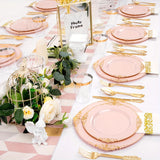 350PCS Pink and Golden Plastic Plates - Pink Plastic Dinnerware Sets for 50 Guests - 100 Pink Disposable Plates, 150 Golden Plastic Silverware, 50 Cups, 50 Napkins for Wedding & Mother's Day
