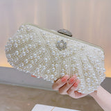Luxurious Faux Pearl & Diamond Shell Pattern Clutch Bag - Buckle Closure, Metal Chain Strap, Polyester Lining, Solid Color, Party Perfect for Wedding, Evening Events - Elegant and Chic Handbag