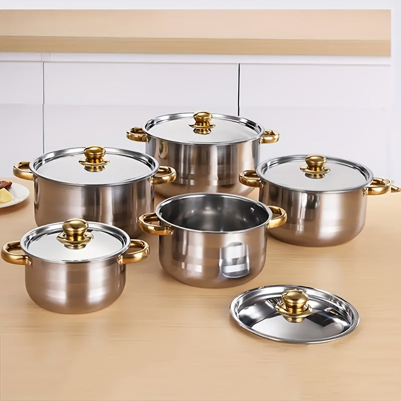 10 Pieces Stainless Steel Pot Set With Lid, Colorful Soup Pot Combination, 5-piece Pot Set And 5-piece Pot Lids , Cooking Pot, Soup Pot, Capped Pot Set, Boxed Pot Set, Cooking Pot Set, Kitchen Tools, Ideal Gift For Housewarmi