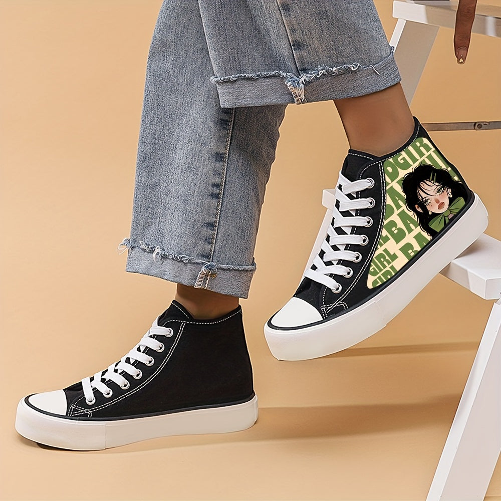 Anime Girl Pattern Lightweight High Top Breathable Canvas Sneakers, Round Toe Flat Classic Lace Up Wear Resistance Skate Shoes, Non Slip Casual Versatile Walking Shoes Running Shoes