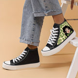 Anime Girl Pattern Lightweight High Top Breathable Canvas Sneakers, Round Toe Flat Classic Lace Up Wear Resistance Skate Shoes, Non Slip Casual Versatile Walking Shoes Running Shoes