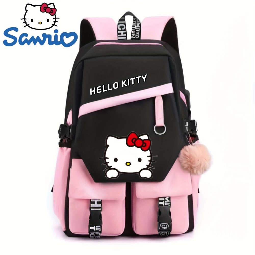 Sanrio Hello Kitty Backpack for Women, Preppy Style Nylon School Bag with Polyester Lining, Large Capacity Zippered Foldable Outdoor Travel Rucksack with Cute Fashionable Design