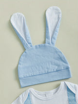Baby Boy Easter Outfits Short Sleeve Bunny Embroidery Romper with Long Pants and Hat 3pcs Set, for Outdoor