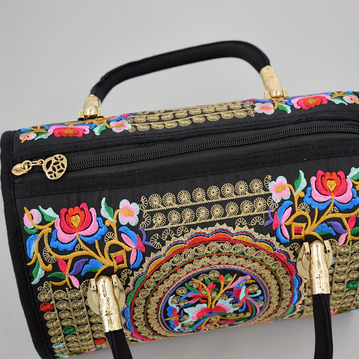 Vintage Embroidered Boston Bag, Retro Bohemian Tote Bag, Women's Ethnic Style Handbag & Purse