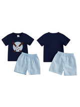 Toddler Boys' Baseball Embroidered Cotton Shorts Set - Comfy Short Sleeve Round Neck Top with Elastic Waistband Plaid Shorts, Machine Washable, All-Season Wear, Comfortable Playwear|Playful Kids' Clothes|Easycare Clothing, Pe