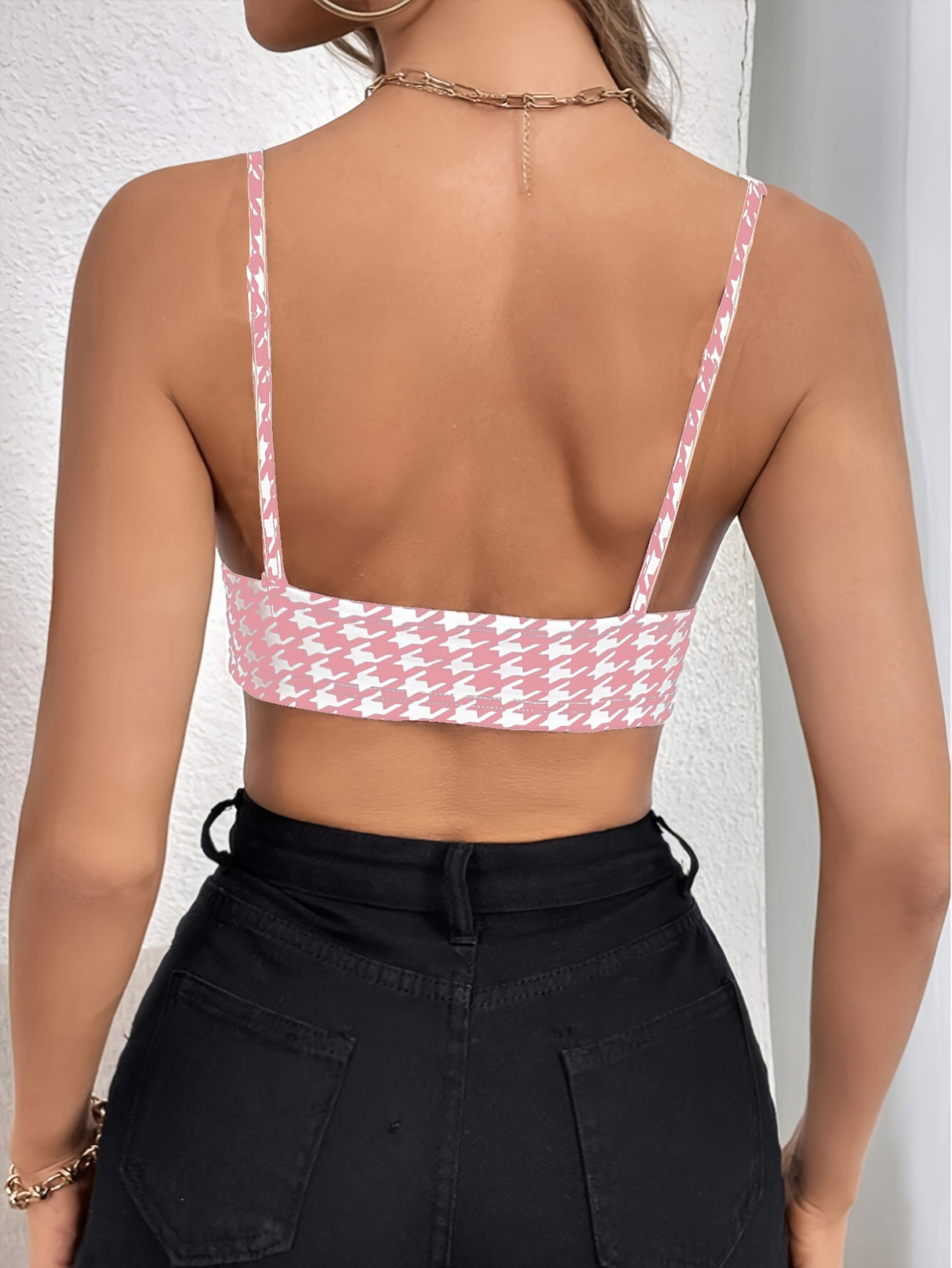 Houndstooth Print V-Neck Cami Top, Sexy Backless Sleeveless Crop Top for Women