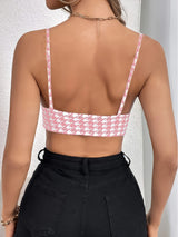 Houndstooth Print V-Neck Cami Top, Sexy Backless Sleeveless Crop Top for Women