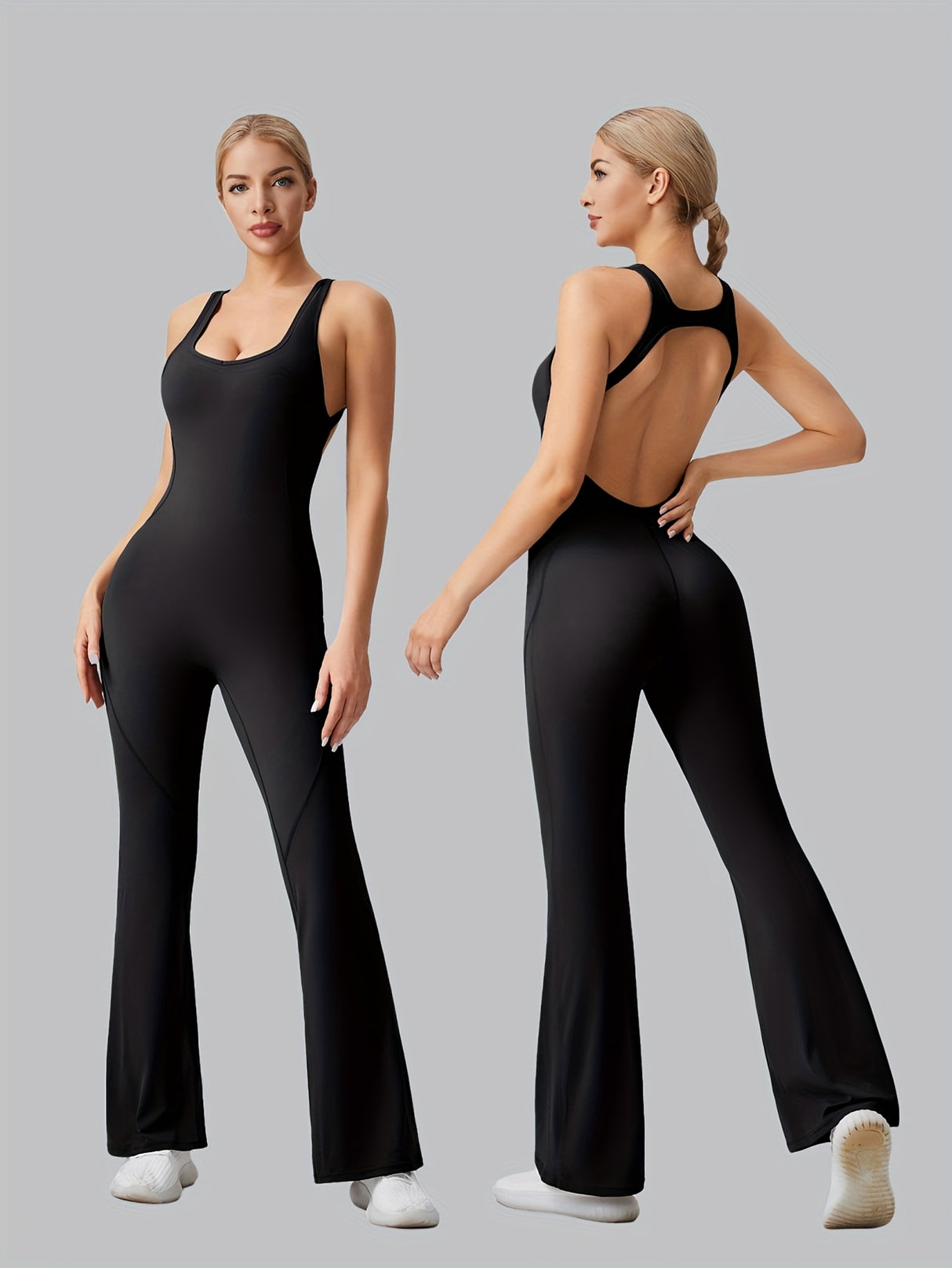 [Removable Padded Bra Workout Jumpsuits] Women Workout Fashion Flare Sleeveless Jumpsuits with Removable Padded Bra Hight Stretch Sportswear for Outdoor Activities (Black Brown Linen Dark blue)