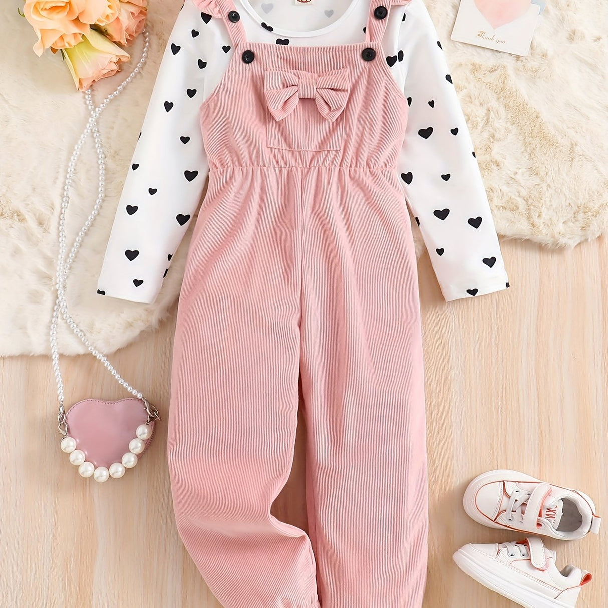 Girl's 2pcs, Bowknot Decor Corduroy Overalls & Heart Allover Print Top Set, Casual Outfits, Kids Clothes For Spring Fall
