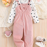 Girl's 2pcs, Bowknot Decor Corduroy Overalls & Heart Allover Print Top Set, Casual Outfits, Kids Clothes For Spring Fall