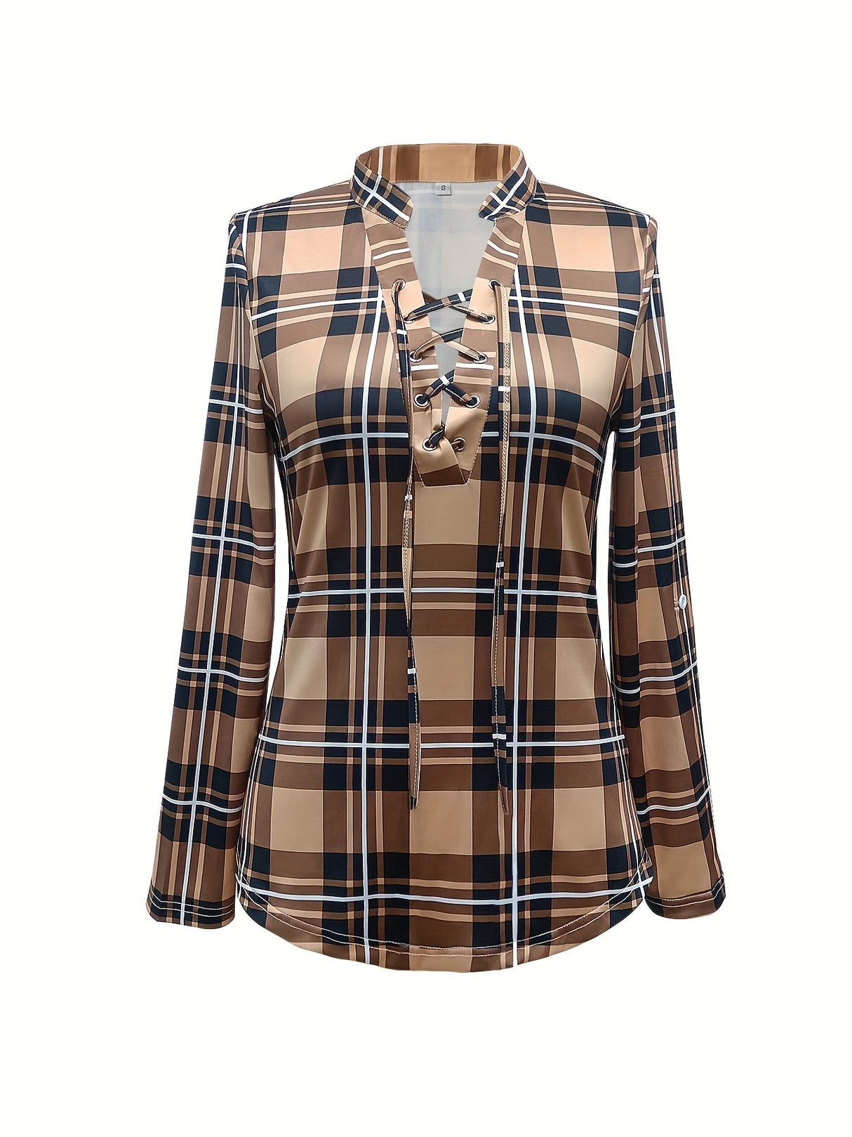Casual Long Sleeve V Neck Plaid Print Drawstring Blouse - Women's Clothing