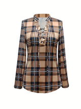 Casual Long Sleeve V Neck Plaid Print Drawstring Blouse - Women's Clothing