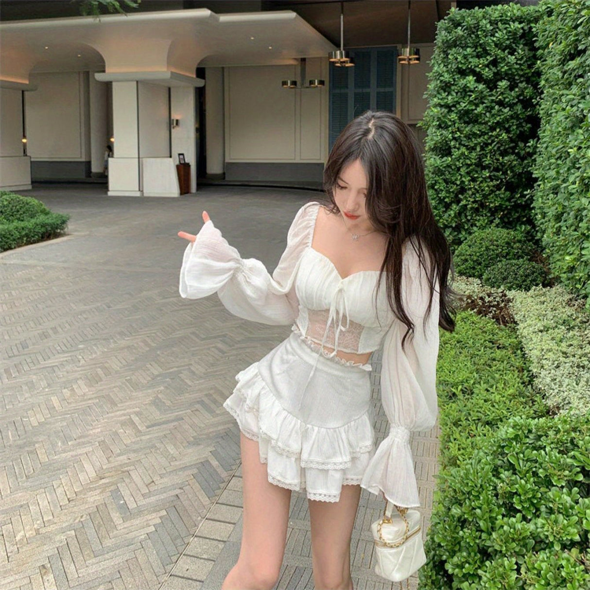 Women's Long Sleeve Crop Tops, Solid Color Patchwork Tie Up See-Through Blouse, Casual Sweet Style Tops