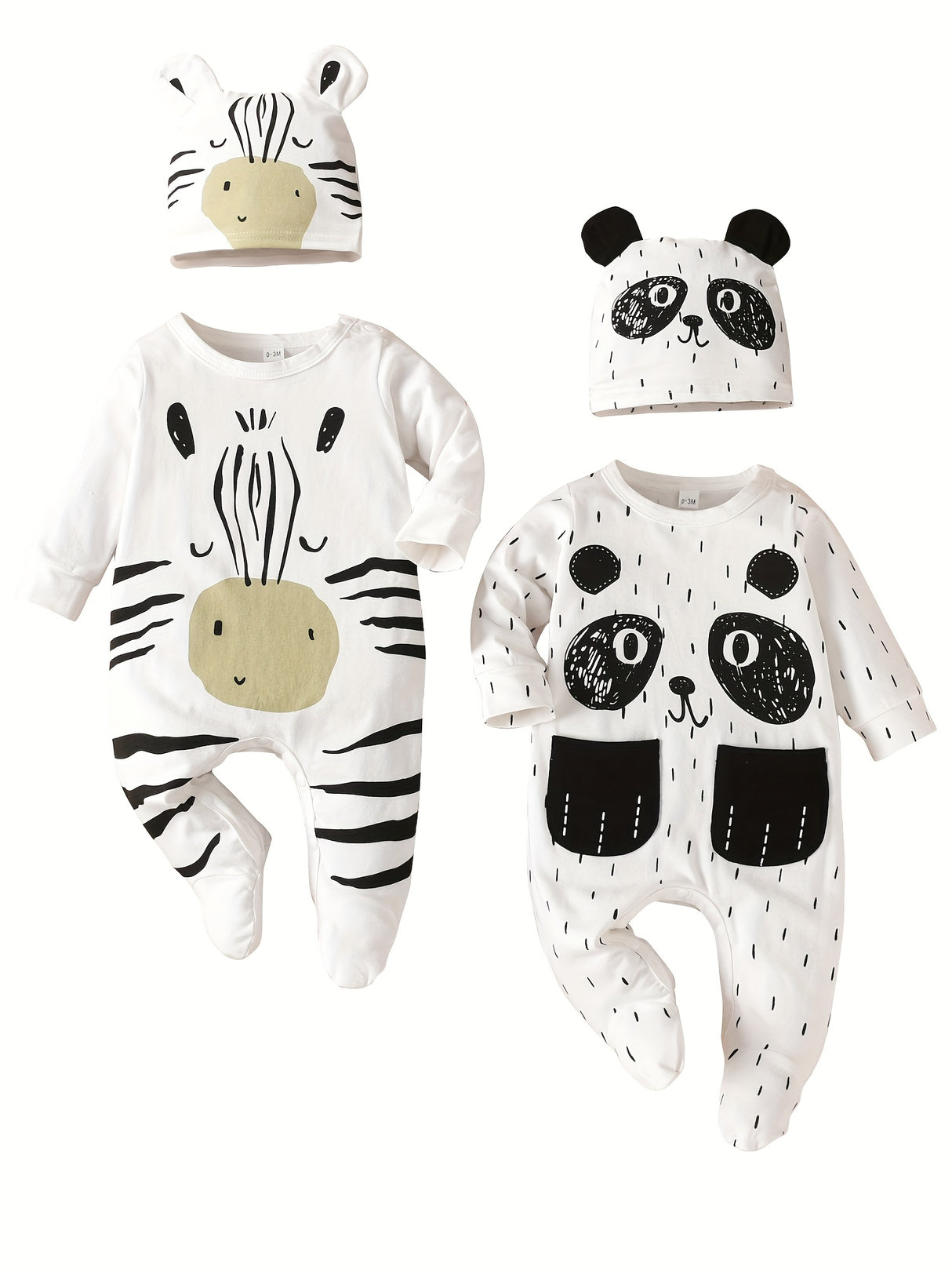 4pcs/Pack Baby Boy Romper Newborn Clothes Infant 2pcs Footie Jumpsuit + 2pcs Hat Cute Animal Patterns Baby Boy Outfits, for Outdoor