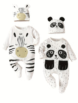 4pcs/Pack Baby Boy Romper Newborn Clothes Infant 2pcs Footie Jumpsuit + 2pcs Hat Cute Animal Patterns Baby Boy Outfits, for Outdoor