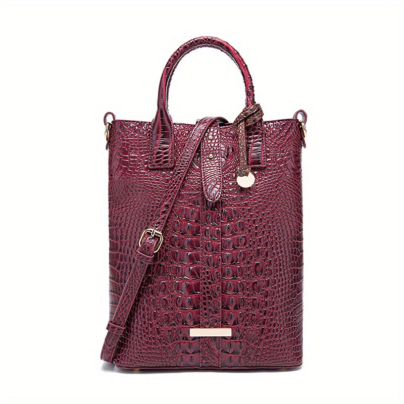 Luxurious Crocodile Embossed PU Tote Bag - Removable Strap, Buckle Closure, Edge Painted - Classic Womens Office and Work Purse for Trendy Ladies