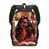 Chic Afro Girl Reading Nook Print Backpack - Lightweight, Durable Polyester School Bag with Detachable Straps for Teens & Students