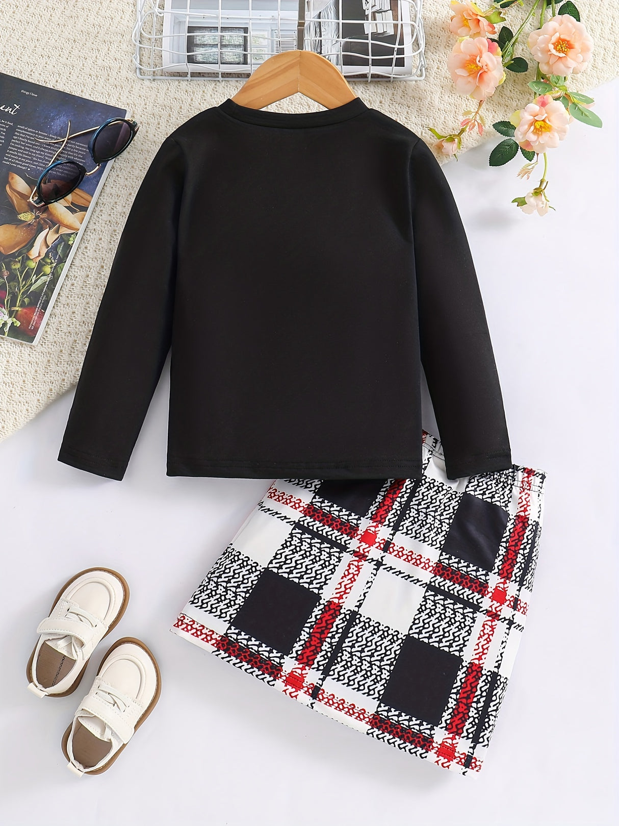 2pc Toddler Girls Solid Crew Neck Long Sleeve Pullover Top & Plaid Skirt Comfy Outfits Kids Clothes For Fall