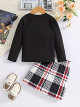 2pc Toddler Girls Solid Crew Neck Long Sleeve Pullover Top & Plaid Skirt Comfy Outfits Kids Clothes For Fall