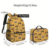 Excavator Print Pattern Double Shoulder Backpack, Boys' Large Capacity Yellow Polyester School Bag
