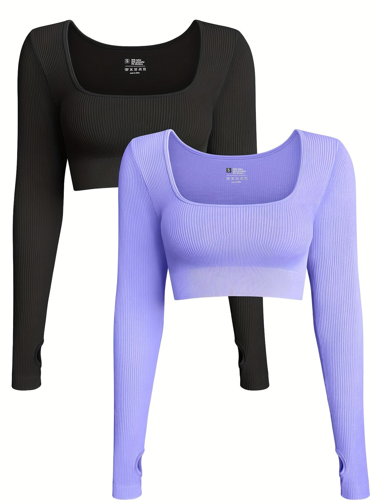 OQQ Women's 2 Piece Crop Top Ribbed Seamless Workout Exercise Long Sleeve Crop Tops