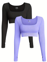 OQQ Women's 2 Piece Crop Top Ribbed Seamless Workout Exercise Long Sleeve Crop Tops
