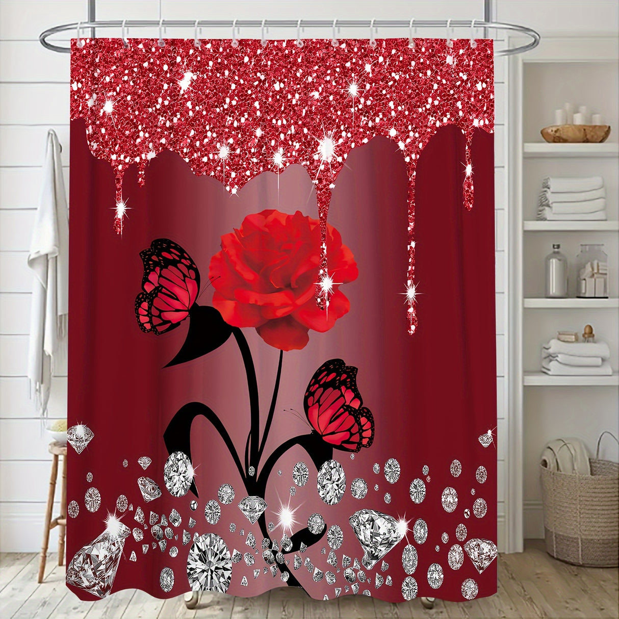 1/3/4pcs Diamond Butterfly Rose Pattern Shower Curtain Set - Waterproof, Non-Slip, Decorative Bathroom Essentials with Bath Mat, Toilet Cover Pad, U-Shaped Mat, and Hooks - Complete Home Bathroom Decor Solution