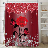 1/3/4pcs Diamond Butterfly Rose Pattern Shower Curtain Set - Waterproof, Non-Slip, Decorative Bathroom Essentials with Bath Mat, Toilet Cover Pad, U-Shaped Mat, and Hooks - Complete Home Bathroom Decor Solution