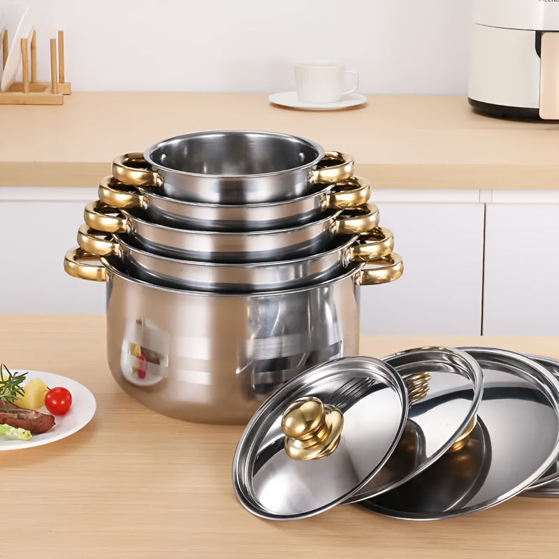 10 Pieces Stainless Steel Pot Set With Lid, Colorful Soup Pot Combination, 5-piece Pot Set And 5-piece Pot Lids , Cooking Pot, Soup Pot, Capped Pot Set, Boxed Pot Set, Cooking Pot Set, Kitchen Tools, Ideal Gift For Housewarmi