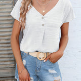 Womens Charming Solid Button Front Blouse - Casual V Neck, Short Sleeve, Perfect for Spring & Summer - Lightweight, Versatile, Ideal Everyday Style - Suitable for Multiple Occasions