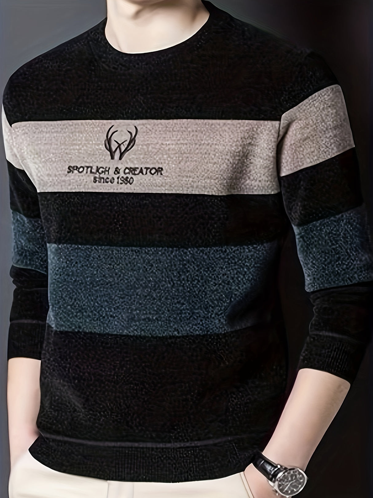 Color Block Knitted Sweater, Men's Casual Warm Mid Stretch Crew Neck Pullover Sweater For Men Fall Winter