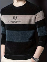 Color Block Knitted Sweater, Men's Casual Warm Mid Stretch Crew Neck Pullover Sweater For Men Fall Winter