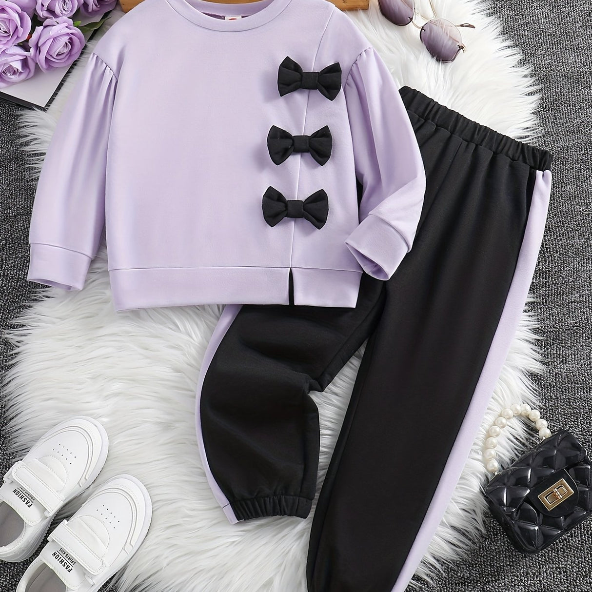 Girls 2pcs Sweatshirt & Elastic Waist Pants Set Bow Decor Long Sleeve Pullover Top Casual Kids Clothes Spring Fall
